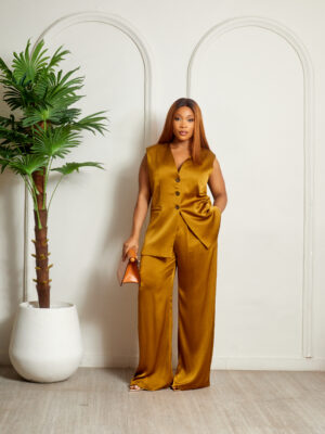 ZR OLIVE CRINKLED SILK WAISTCOAT PANT SUIT SET