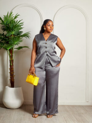 ZR FRENCH GREY CRINKLED SILK WAISTCOAT PANT SUIT SET