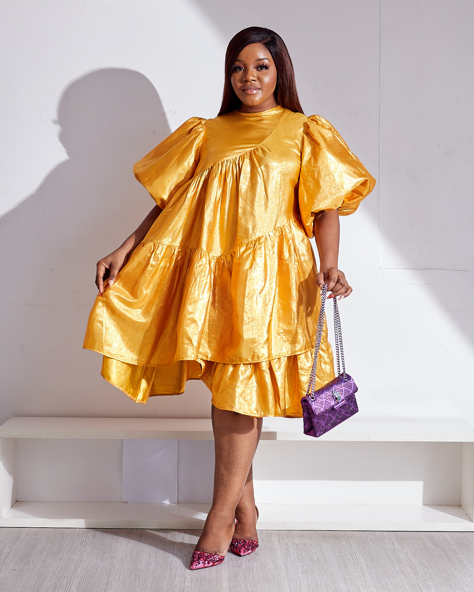 SASHES X HIDES MUSTARD SHIMMER BUBBLE SLEEVES LAYERED SWING DRESS -  Debrasgrace
