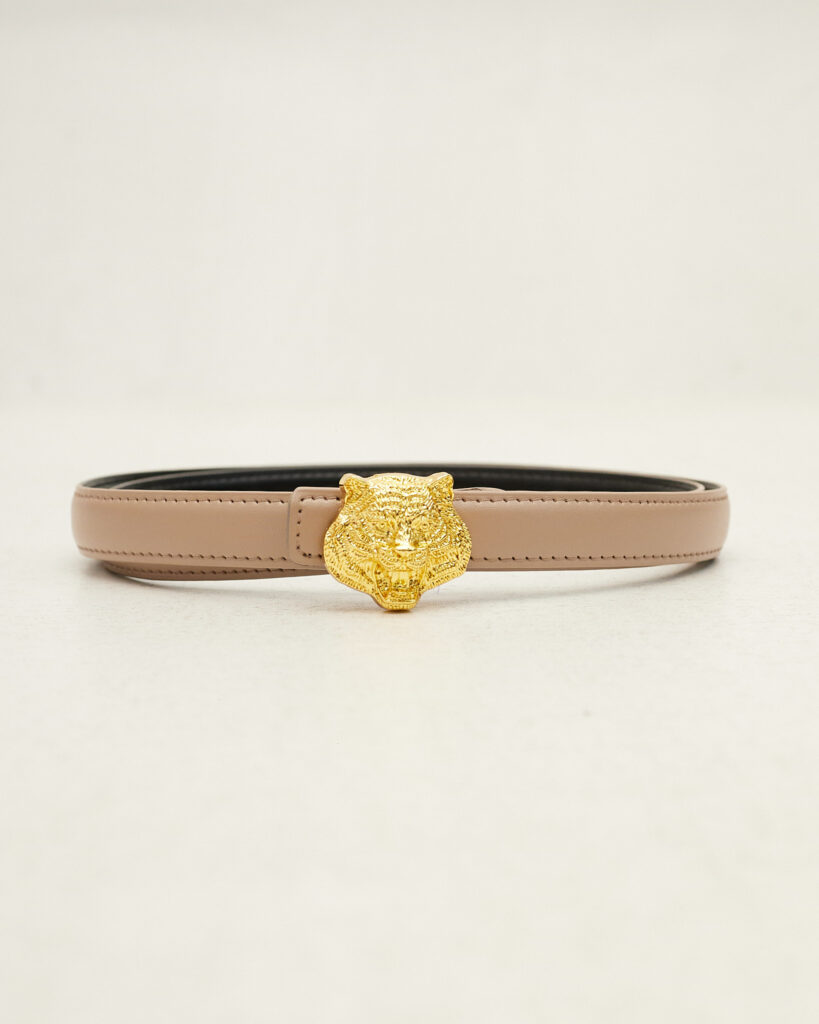 Rare 70s belt with lion head buckle| Vintage leather waist belt with statement metal animal print motif