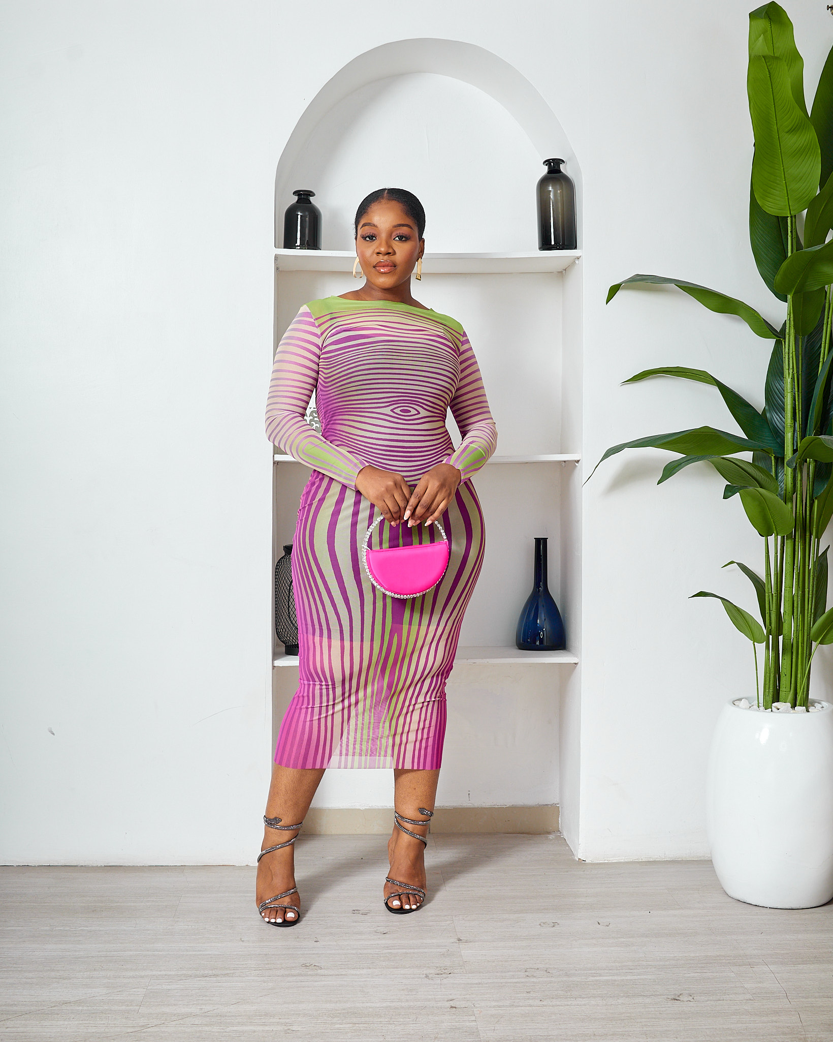SPECIAL PRICE)PINK X LIME RIB ILLUSION PRINT MIDI MESH DRESS - Debrasgrace SPECIAL PRICE)PINK X LIME RIB ILLUSION PRINT MIDI MESH DRESS - Debrasgrace