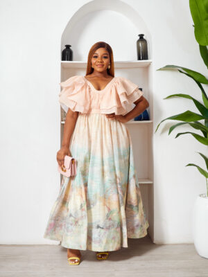 ZMER BEIGE X OLIVE EXERGERATED FRILL VINTAGE PRINT MAXI DRESS