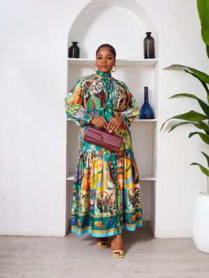GREEN MOSAIC PRINT PEPLUM HEM SHIRT DRESS