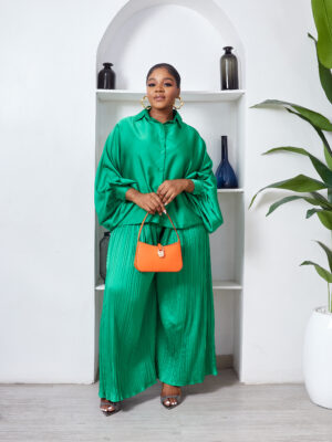 POG GREEN SILK PLEATED PANT WITH PONCHO TOP SUIT SET