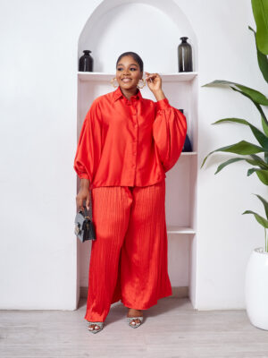 POG RED SILK PLEATED PANT WITH PONCHO TOP SUIT SET