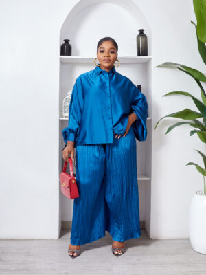 POG PETROL SILK PLEATED PANT WITH PONCHO TOP SUIT SET