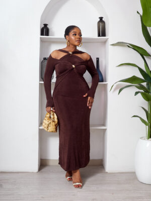 CHOCO JERSEY GOLD KNOT CRISSCROSS MIDI DRESS