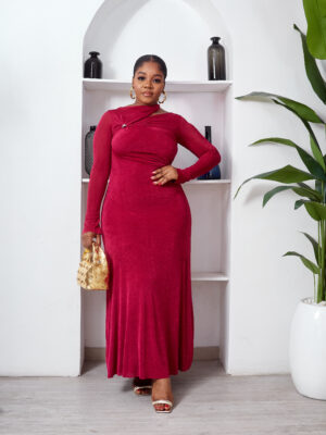 BERRY GOLD BUCKLE RUCH MAXI DRESS