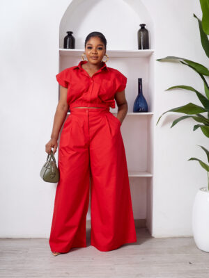 SASHES X HIDES RED CROP TOP WITH FLARE PANTS SUIT SET