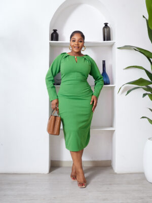 POG OLIVE BUTTON DETAIL PONCHO SLEEVE DRAPED MIDI DRESS