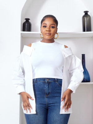 YUANYUAN IVORY COLD SHOULDER CROP SHIRT
