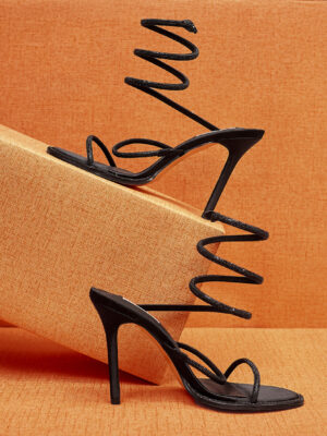 POG 3649-28 BLACK SATIN VEGAS WRAP AROUND SANDALS
