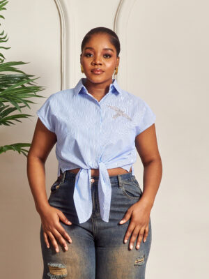 FAME NAVY BLUE STRIPE FRONT TIE SHIRT
