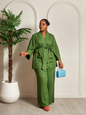 MATILDA KHAKI LINEN BELTED KIMONO TOP & PANT SUIT SET