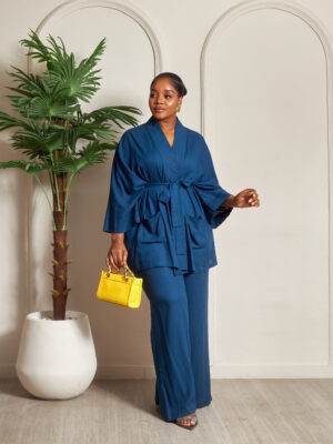 MATILDA PETROL LINEN BELTED KIMONO TOP & PANT SUIT SET