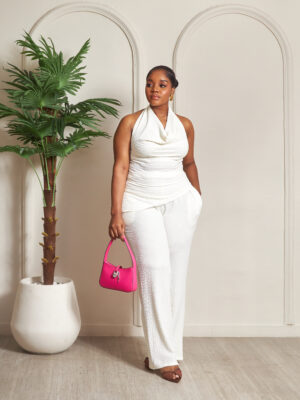(2FOR40K)CREAM TEXTURED HALTER NECK PANT SUIT SET