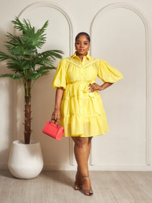 YELLOW WEAVE TRIM BUBBLE SLEEVE SWING SHIRT DRESS