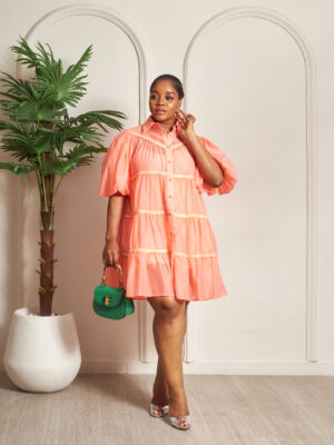 CORAL WEAVE TRIM BUBBLE SLEEVE SWING SHIRT DRESS