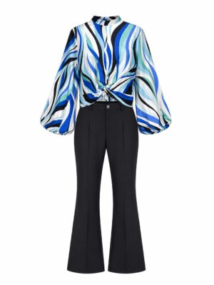 MISS HAVIS BLUE PRINT RUCH DETAIL BUBBLE SLEEVE BLOUSE WITH BLACK PANTS