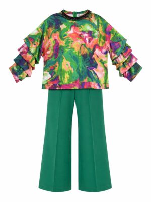MISS HAVIS GREEN X PINK BEADED NECK DRAPED SLEEVE WITH GREEN PANT SUIT SET