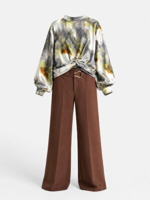 MISS HAVIS GREY PRINT RUCH DETAIL BUBBLE SLEEVE BLOUSE WITH CHOCO PANTS