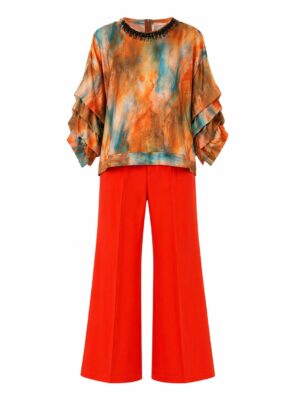 MISS HAVIS ORANGE HIGH NECK SPLASH PRINT BUBBLE SLEEVE BLOUSE