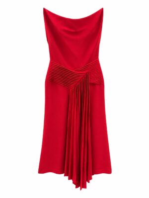 RED COWL SLEEVLESS PLEATED SHAWL MIDI DRESS