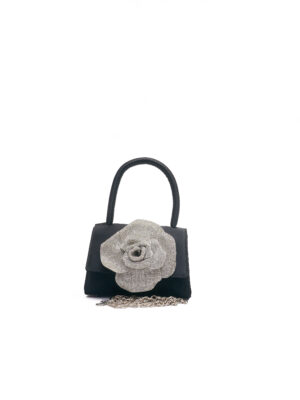 BLACK TOP HANDLE SATIN EMBELLISHED PETAL BARREL BAG