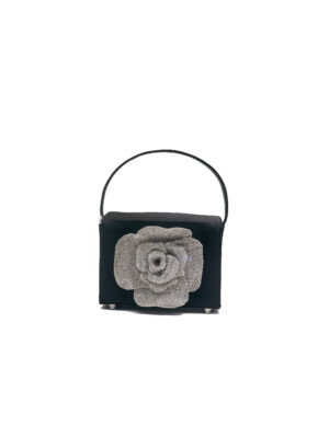 ROSE BLACK SATIN BOX BAG WITH EMBELLISHED PETAL