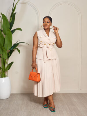 NUDE GOLD BUTTON WAISTCOAT X PLEATED SKATER SKIRT