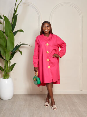 YIN FUSCHIA OVERSIZED GOLD BUTTON SWING COTTON DRESS