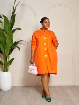YIN ORANGE OVERSIZED GOLD BUTTON SWING COTTON DRESS