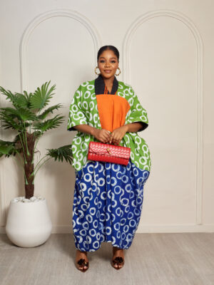SASHES X HIDES COLORBLOCK BATIK WITH ORANGE AND NAVY ASOOKE PATCH CAFTAN
