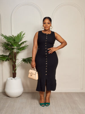 (2 FOR 50K) BLACK GOLD BUTTON KNIT MIDI DRESS