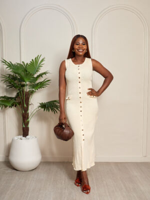 (2 FOR 50K) BEIGE GOLD BUTTON KNIT MIDI DRESS
