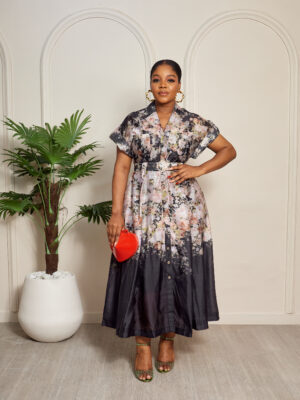 ZMR EL-8519 BLACK FLORAL MILITARY POCKET DRESS