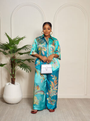 ZMR SU-8398 TEAL PLANTS PRINT SILK 2 PC SET