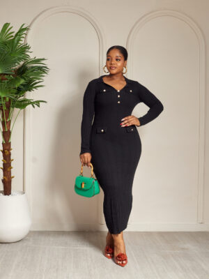 (2 FOR 50K) BLACK GOLD BUTTON MILITARY KNIT DRESS