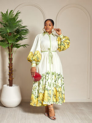 ZMR EL-6985 YELLOW FLORAL COLLARED BELTED SHIRT DRESS