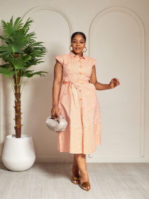 SASHES X HIDES ORANGE BOLD STRIPES BELTED SLEEVELESS DRESS