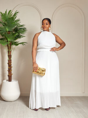 WHITE HALTERNECK PLEATED MAXI DRESS