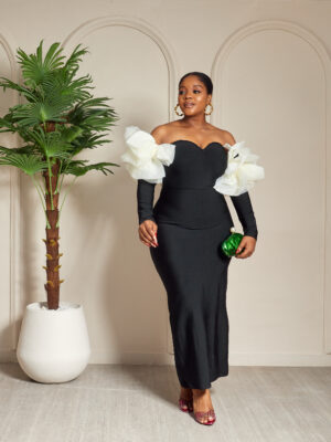 BLACK CREAM ROSE INSERT MIDI ELEGANT BANDAGE DRESS