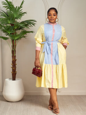 YIN YELLOW STRIPES SLEEVES COLORBLOCK SHIRT DRESS