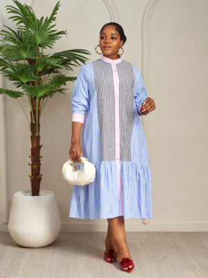 YIN BLUE STRIPES SLEEVES COLORBLOCK SHIRT DRESS