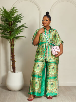 MERMAN GREEN SILK FLORAL BORDER PANT SUIT SET