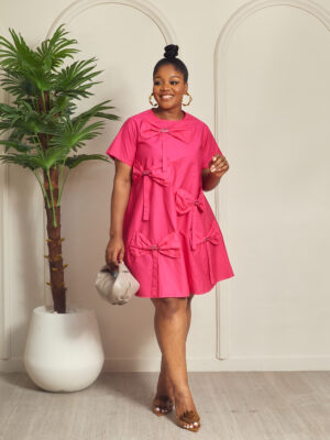 (2FOR50K)PINK BOW DETAIL COTTON SWING DRESS