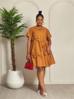 (2FOR50K)CAMEL BOW DETAIL COTTON SWING DRESS