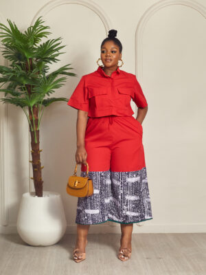 SASHES X HIDES RED CROP BOX SHIRT WITH ADIRE HEM CULOTTES SUIT SET