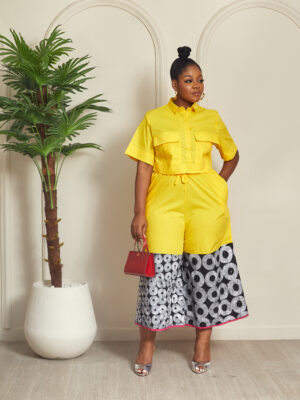 SASHES X HIDES YELLOW CROP BOX SHIRT WITH ADIRE HEM CULOTTES SUIT SET