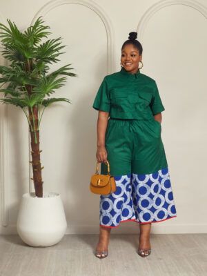 SASHES X HIDES TEAL CROP BOX SHIRT WITH ADIRE HEM CULOTTES SUIT SET